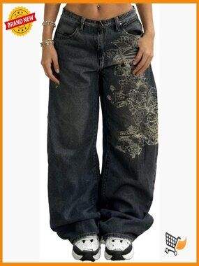 Y2K Gothic Baggy Jeans Dragon Print Letter Graphic Wide Leg Streetwear